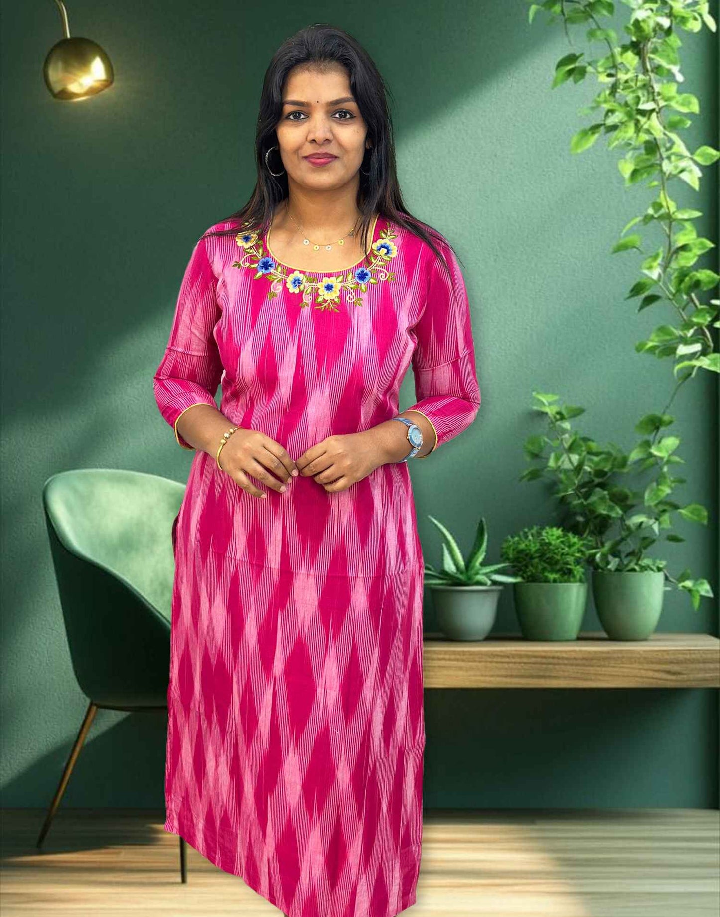 071224C (E4341) COTTON EMBROIDERY KURTI - Pink