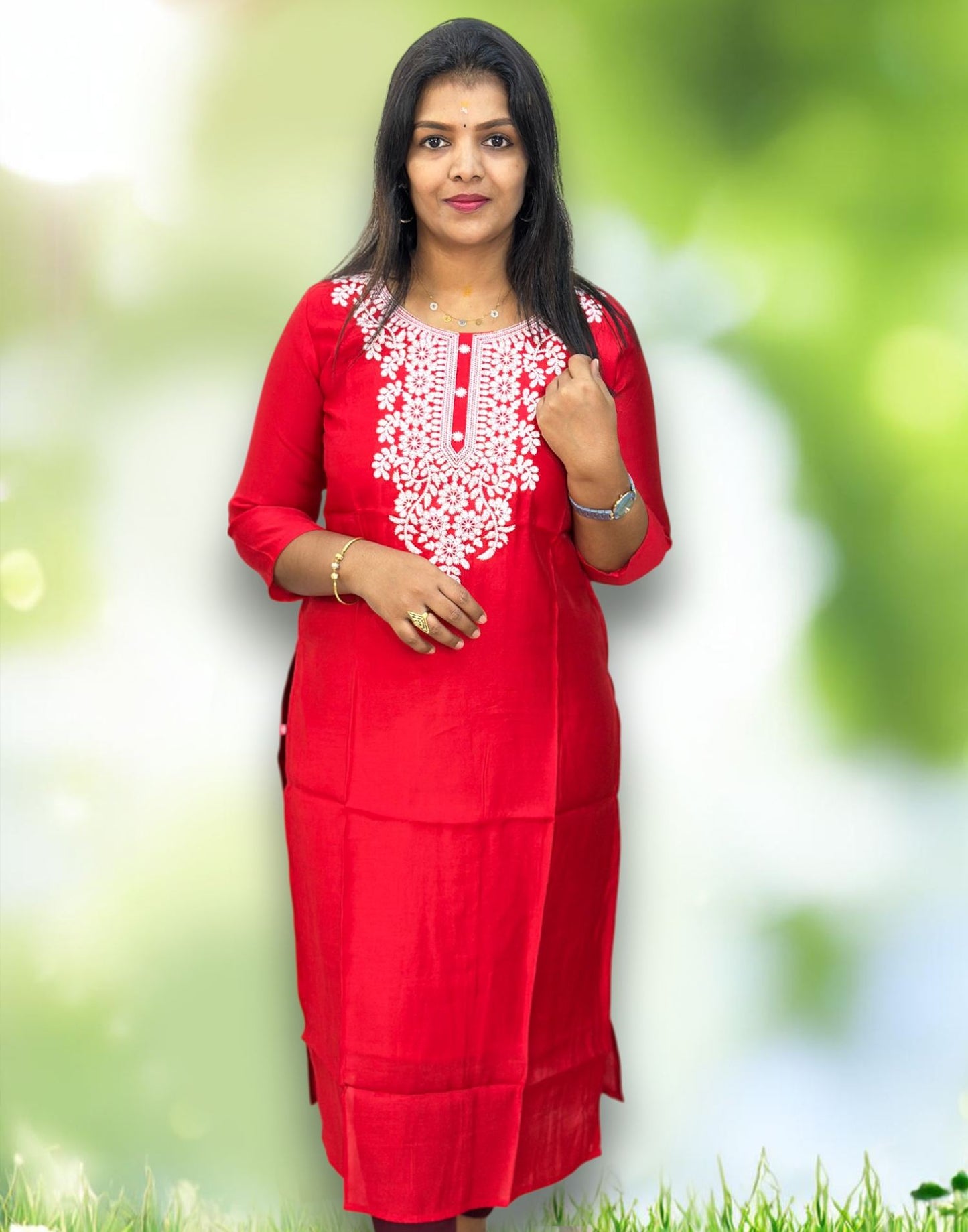 101224C (E4389) CHRISTMAS SPECIAL KURTI - Chikankari Red