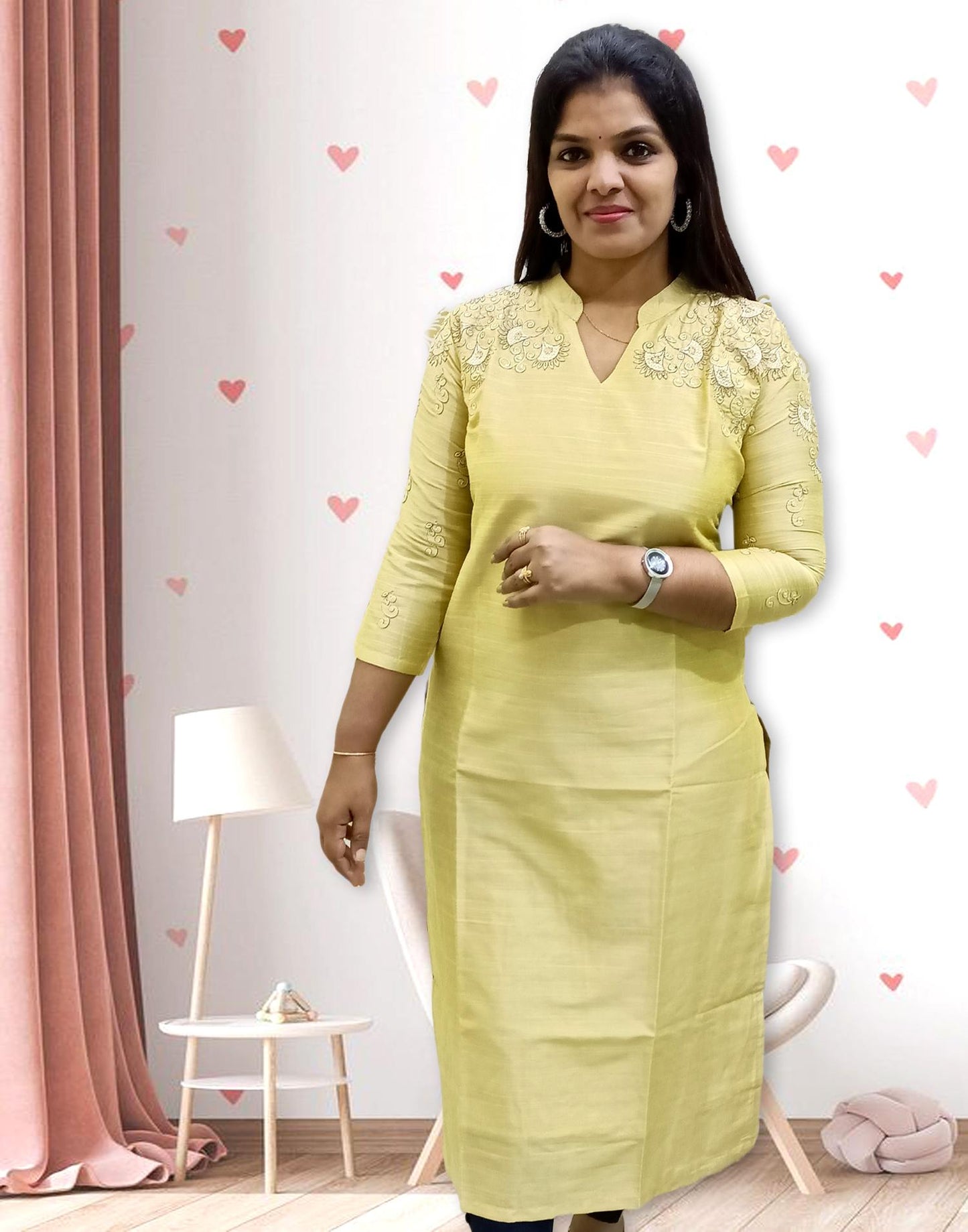 290724A (E1710) OFFER ZONE EMBROIDERY KURTI - Golden Yellow