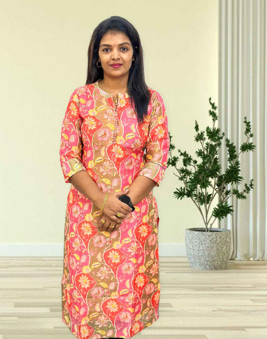 130424B (E3195) SOFT CHANDERI PRINTED KURTI - Pink