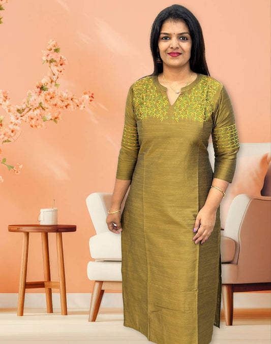 210724 (E3937) DESIGNER EMBROIDERY KURTI - Olive Green