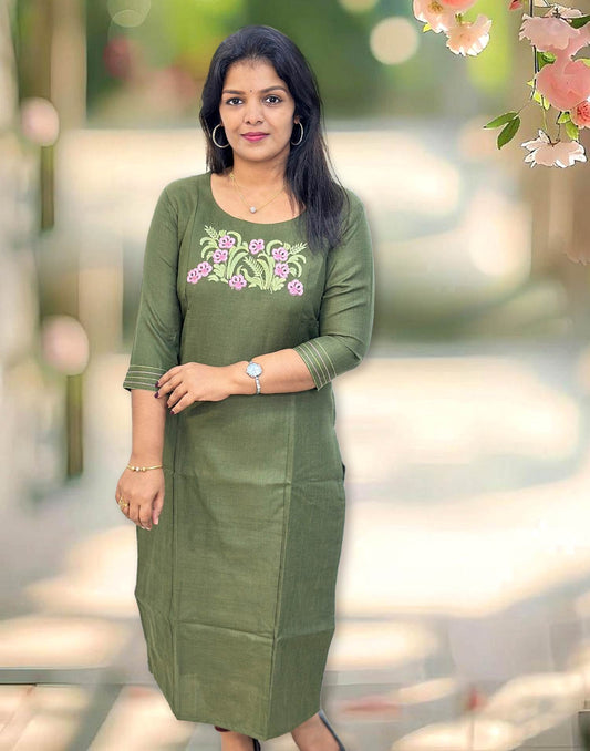 201124C (E4321) BUDGET BUY EMBROIDERY KURTI - Dark Olive Green