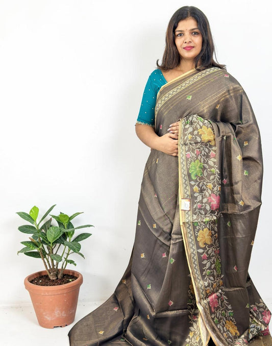 SAREE POCHAMPALLY CHARCOAL BLACK E6904 200426S - ELENTRA DESIGNS BY NIMI HEINS