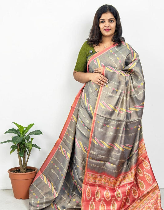 SAREE POCHAMPALLY GRAY E6904 200426S - ELENTRA DESIGNS BY NIMI HEINS
