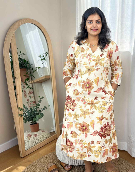 KURTIS A-LINE CREAM n PEACHES PINK E7080 010726AK