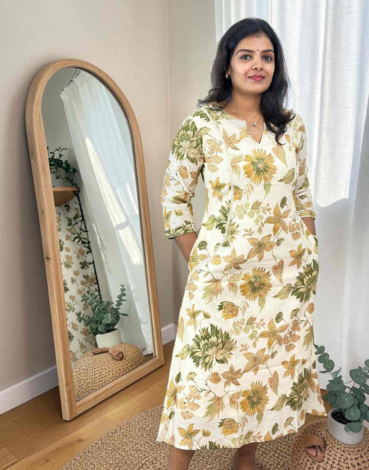 KURTIS A-LINE CREAM n GREEN E7080 010726AK