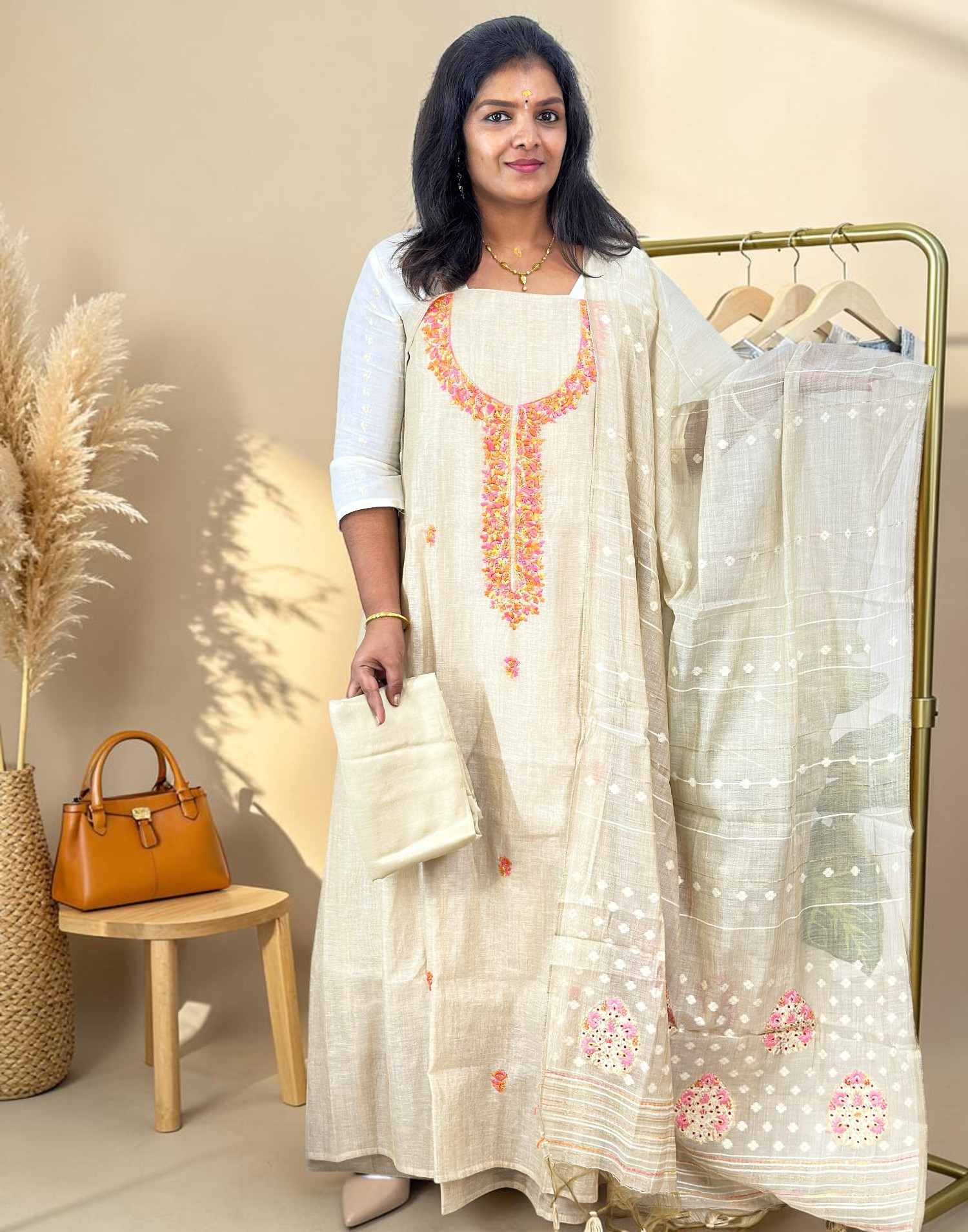 SALWAR SUITS UN-STITCHED BEIGE1 (PRE-BOOKING) E7093 080726DM - ELENTRA DESIGNS BY NIMI HEINS