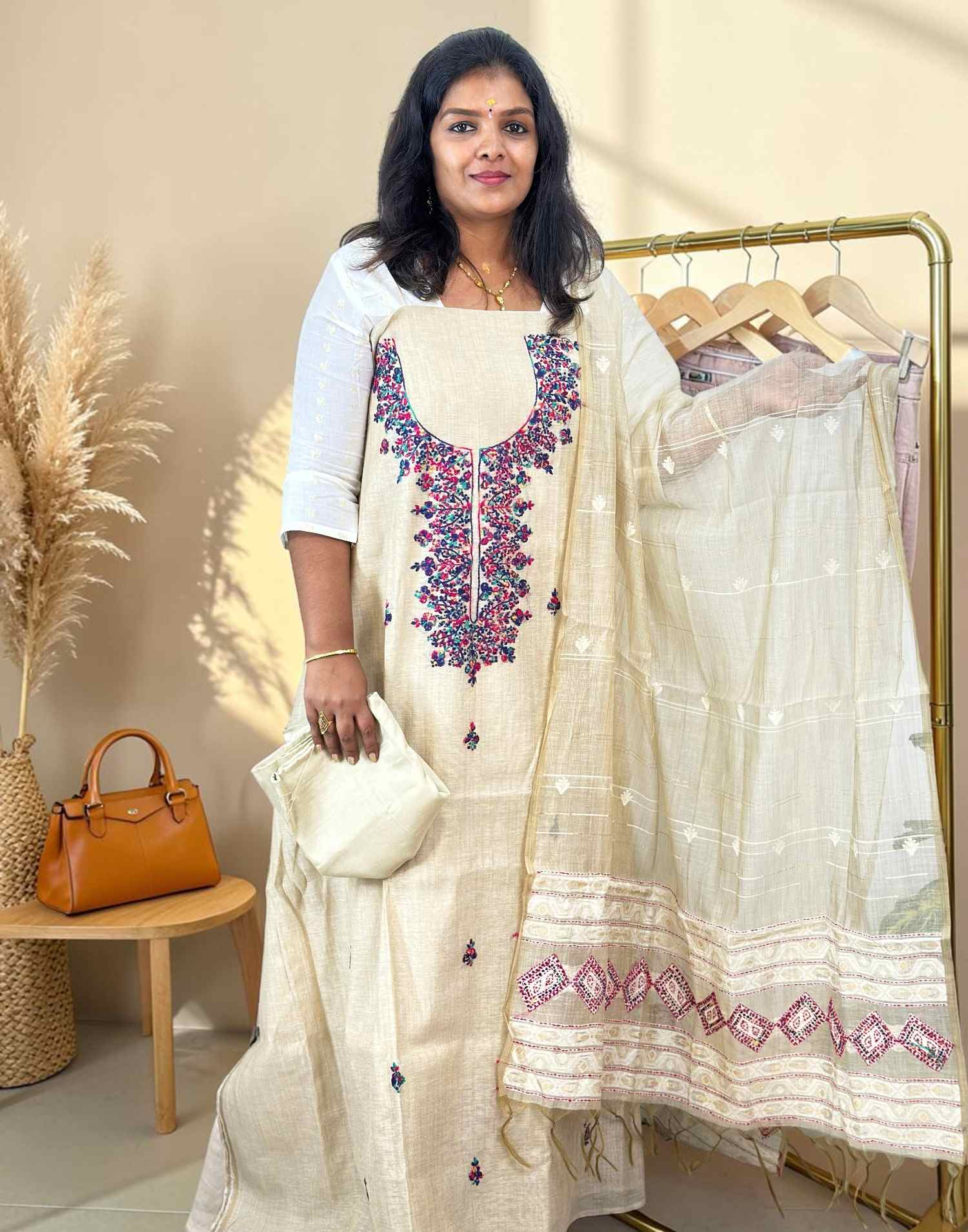 SALWAR SUITS UN-STITCHED BEIGE2 (PRE-BOOKING) E7093 080726DM - ELENTRA DESIGNS BY NIMI HEINS