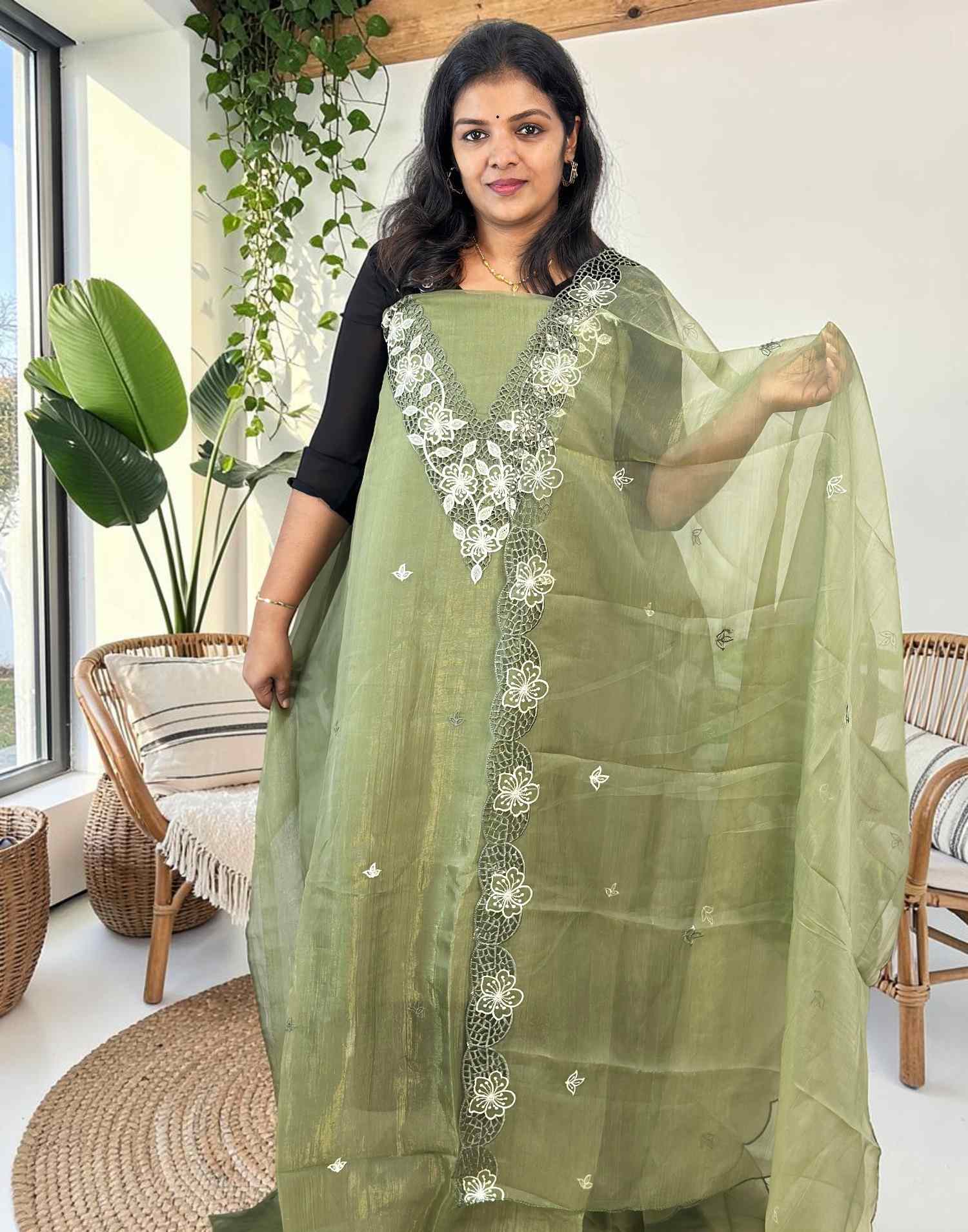 SALWAR SUITS UN-STITCHED LIGHT OLIVE E7120 140726DM - ELENTRA DESIGNS BY NIMI HEINS