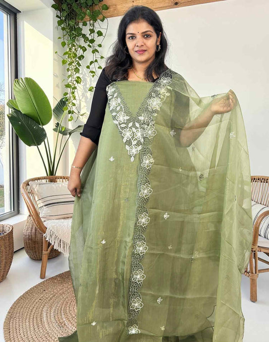 SALWAR SUITS UN-STITCHED LIGHT OLIVE E7120 140726DM - ELENTRA DESIGNS BY NIMI HEINS