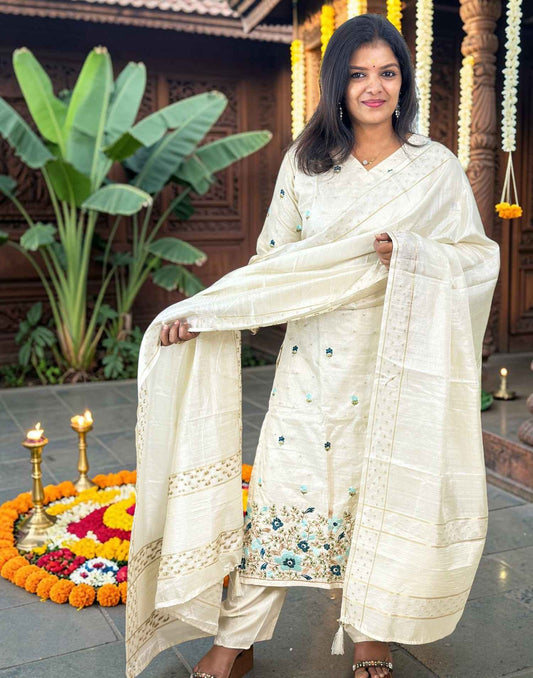 READY TO WEAR ONAM SPECIAL BEIGE n TEAL BLUE E7155 240726RW - ELENTRA DESIGNS BY NIMI HEINS