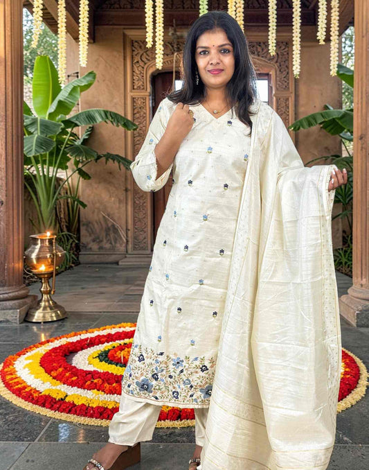 READY TO WEAR ONAM SPECIAL BEIGE n BLUE E7155 240726RW - ELENTRA DESIGNS BY NIMI HEINS