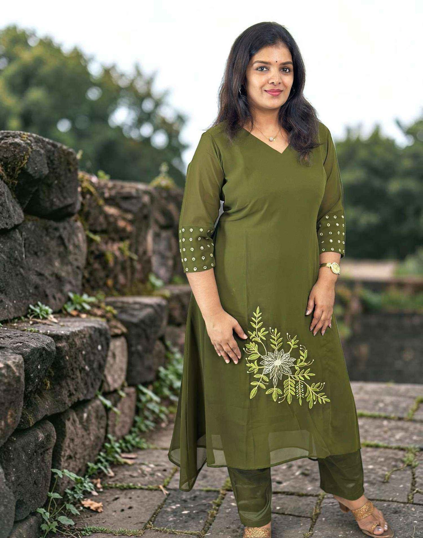 KURTI SET GEORGETTE A-LINE OLIVE GREEN E7108 010826KS