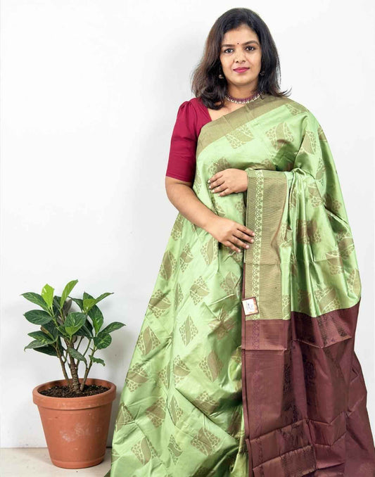 SAREE SOFT SILK MINT GREEN n DARK BROWN E6811 020426S - ELENTRA DESIGNS BY NIMI HEINS