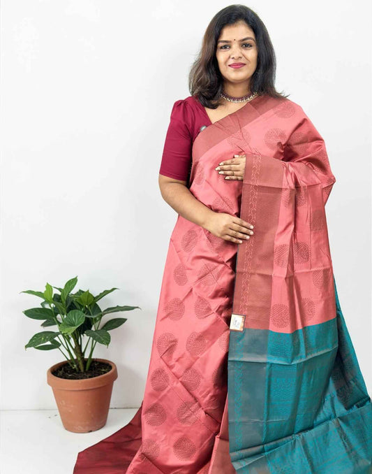 SAREE SOFT SILK PEACH n EMERALD GREEN E6811 020426S - ELENTRA DESIGNS BY NIMI HEINS