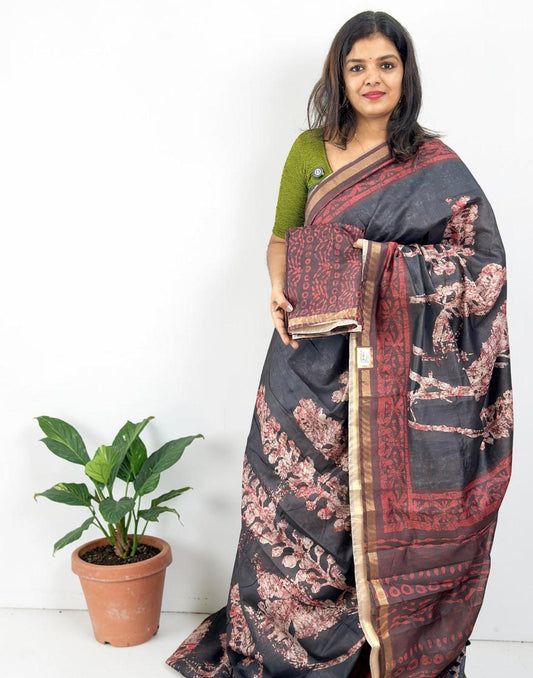 SAREE SOFT CHANDERI SILK BLACK n MAROON E6905 210426S - ELENTRA DESIGNS BY NIMI HEINS