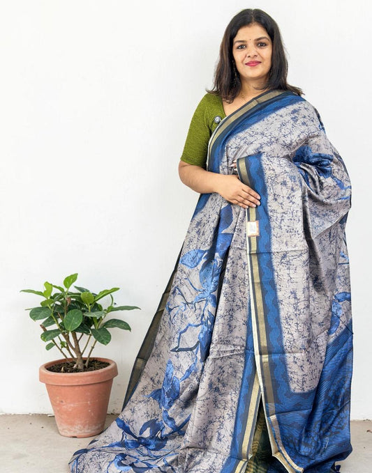 SAREE SOFT CHANDERI SILK GRAY n BLUE E6905 210426S - ELENTRA DESIGNS BY NIMI HEINS