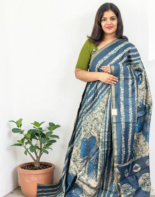 SAREE SOFT CHANDERI SILK PEACOCK BLUE E6905 210426S - ELENTRA DESIGNS BY NIMI HEINS