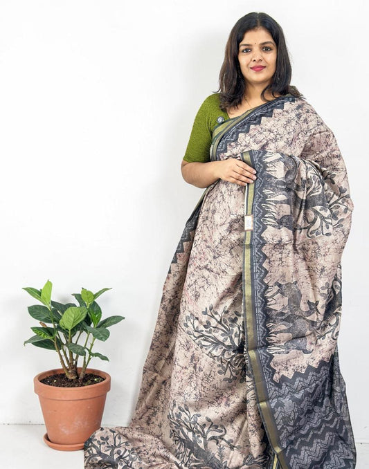 SAREE SOFT CHANDERI SILK LIGHT BEIGE E6905 210426S - ELENTRA DESIGNS BY NIMI HEINS