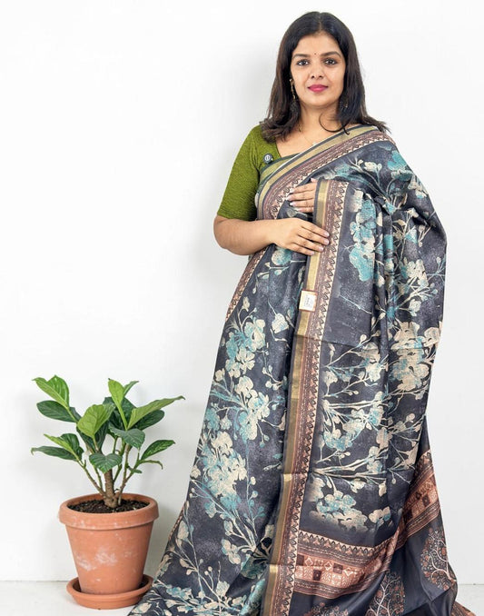 SAREE SOFT CHANDERI SILK BLACK n BLUE E6905 210426S - ELENTRA DESIGNS BY NIMI HEINS