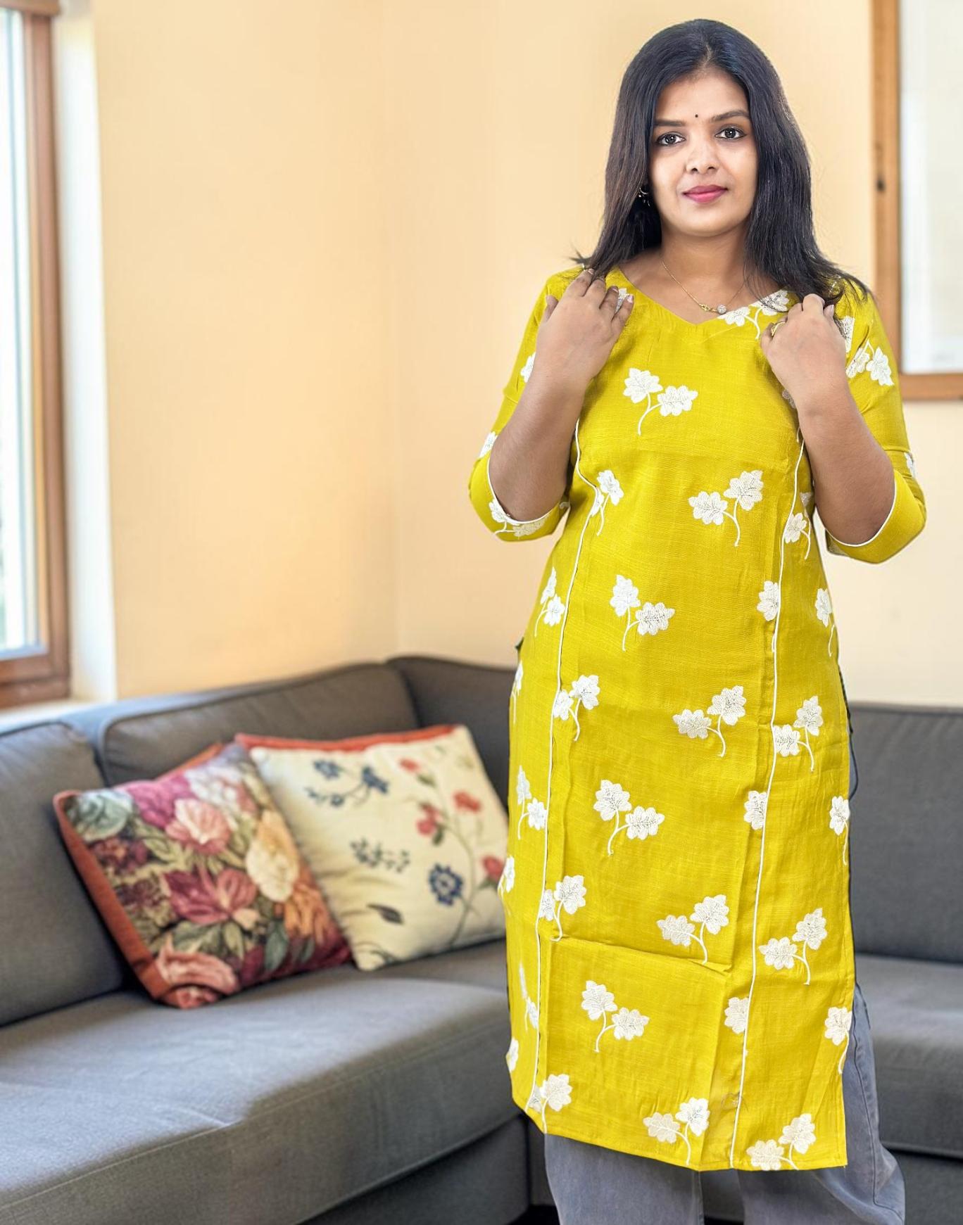 KURTIS EMBROIDERY LEMON YELLOW E6933 280426EK - ELENTRA DESIGNS BY NIMI HEINS