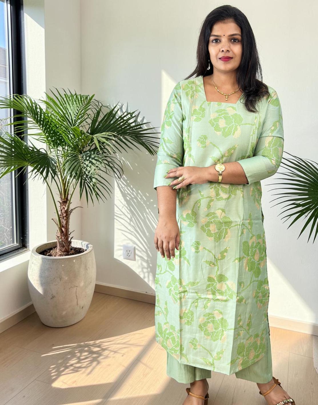KURTI SET METALIC GREEN E7018 010626KS - ELENTRA DESIGNS BY NIMI HEINS