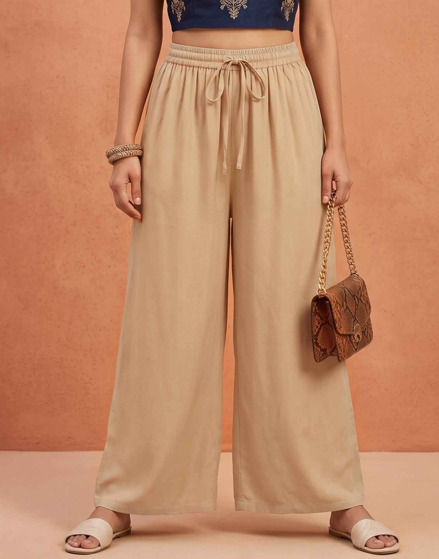 PALAZZO PANT FLY BIRDS LIGHT CHIKKU E6150 160626B