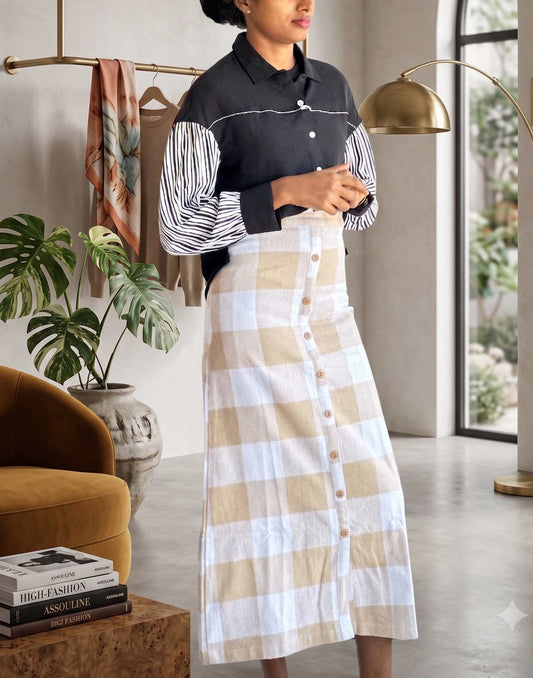 BOTTOM WEAR - SKIRT WHITE n BEIGE E6147 280726BW - ELENTRA DESIGNS BY NIMI HEINS