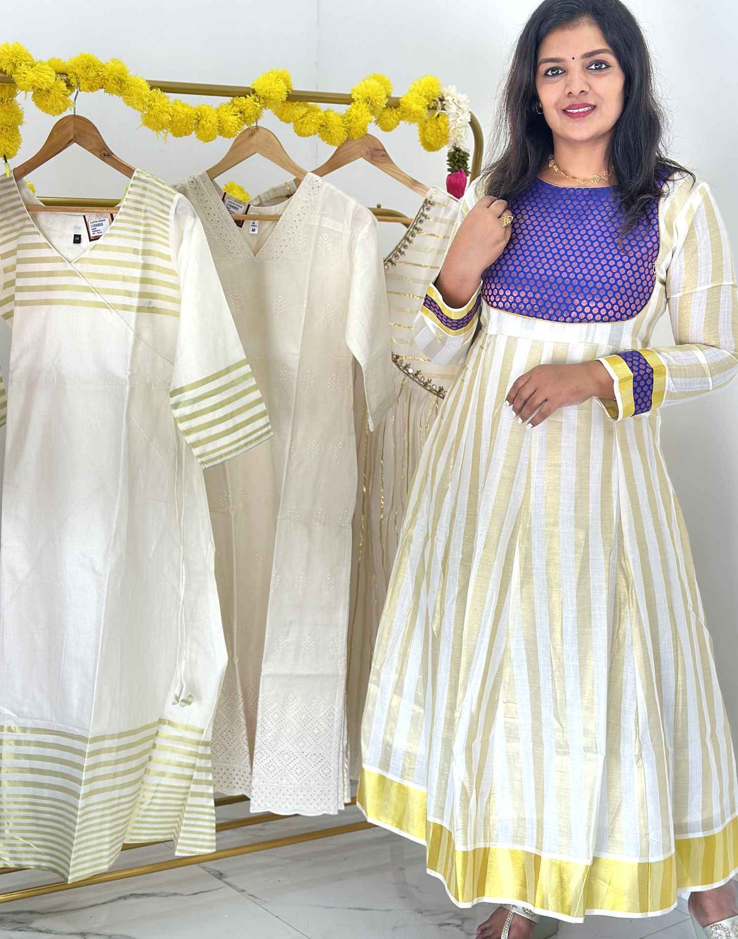 KURTIS A-LINE CREAM n BLUE E2880 240726AK - ELENTRA DESIGNS BY NIMI HEINS