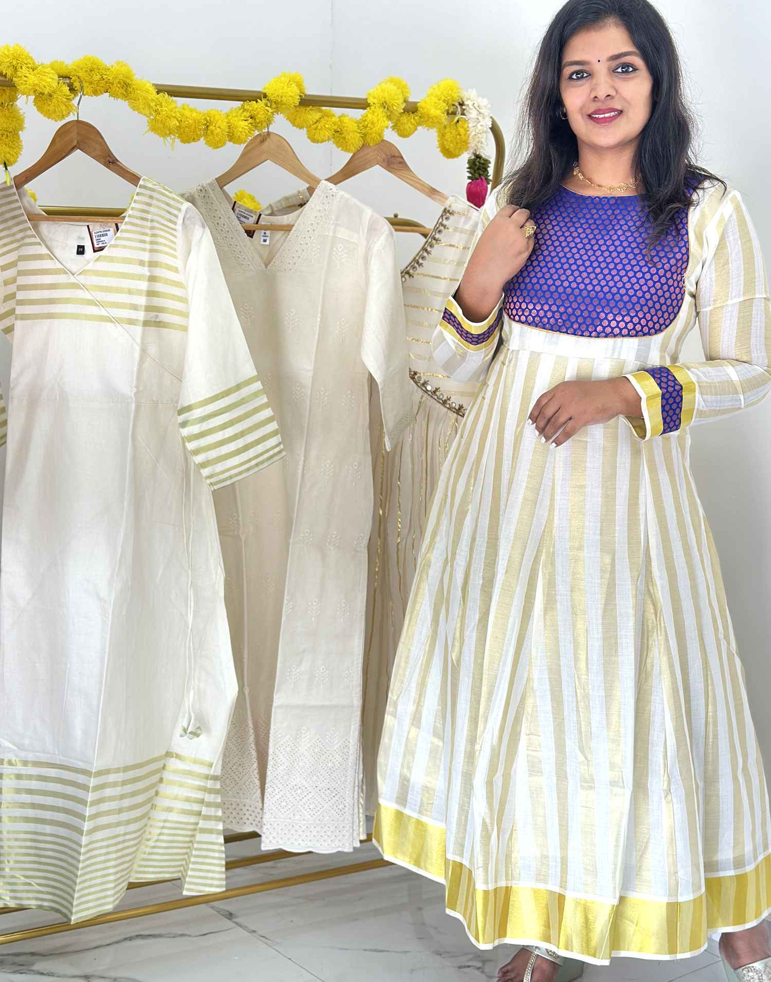 KURTIS A-LINE CREAM n BLUE E2880 240726AK - ELENTRA DESIGNS BY NIMI HEINS