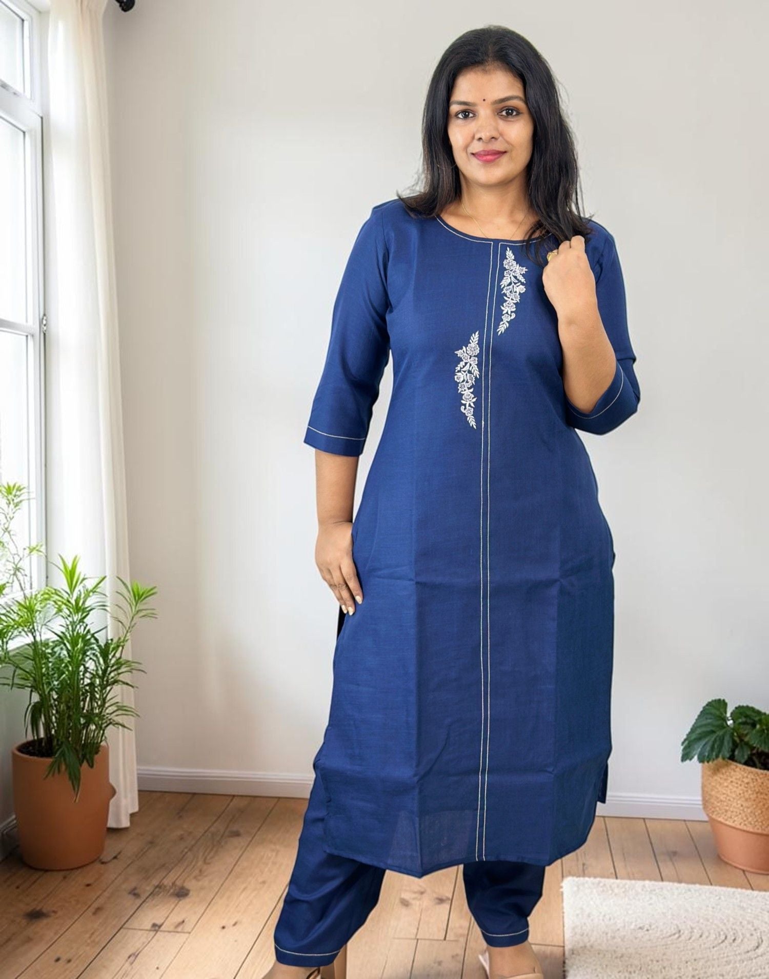 EMBROIDERY KURTI SET DENIM BLUE E7345 280926KS - ELENTRA DESIGNS BY NIMI HEINS