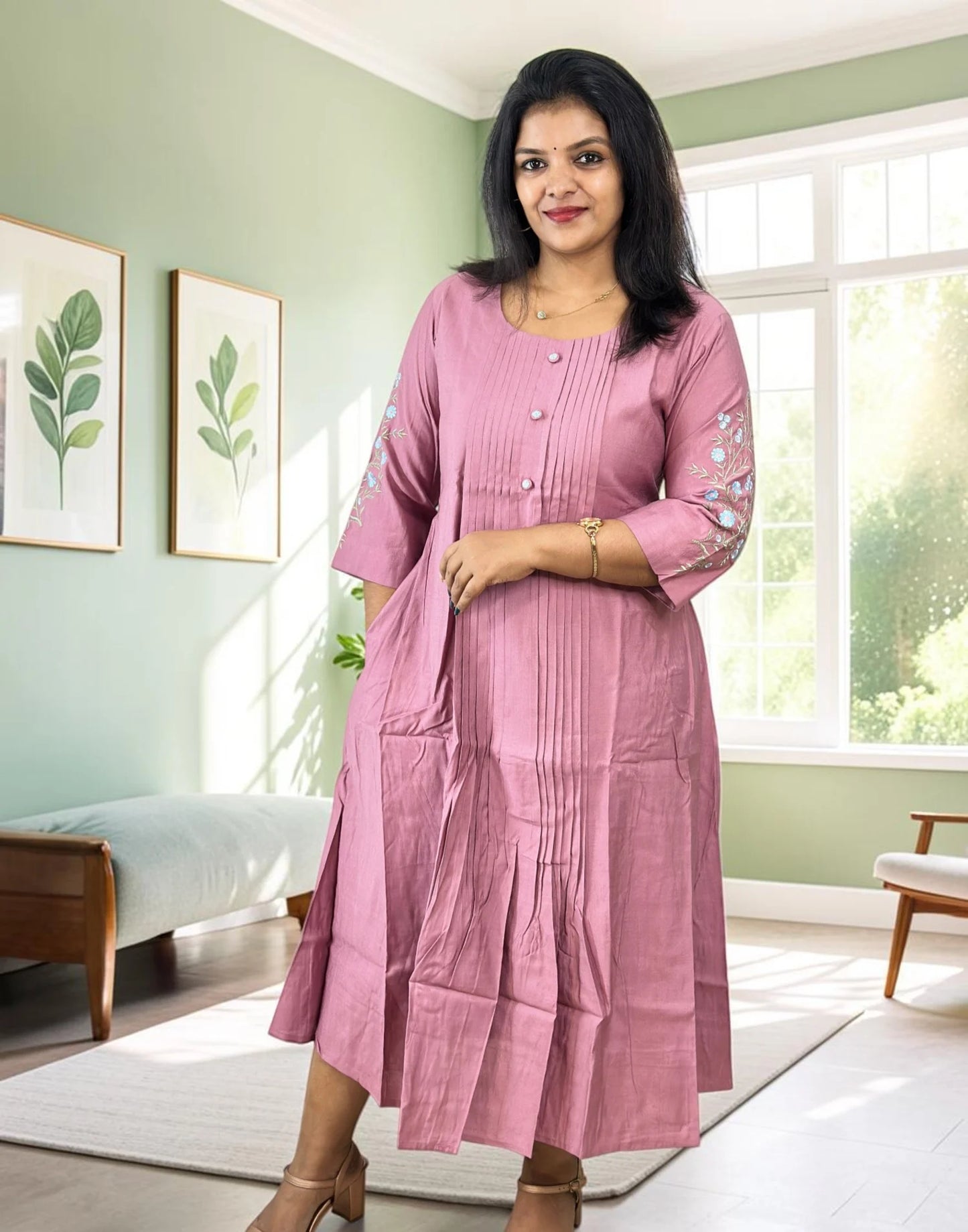 A-LINE EMBROIDERY KURTI ONION PINK E7337 011026AK