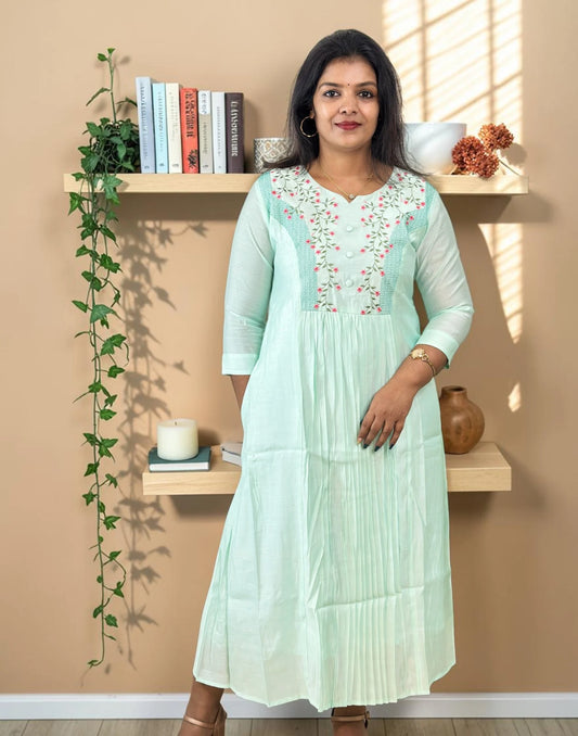 A-LINE EMBROIDERY KURTI PASTEL GREEN E7336 011026AK