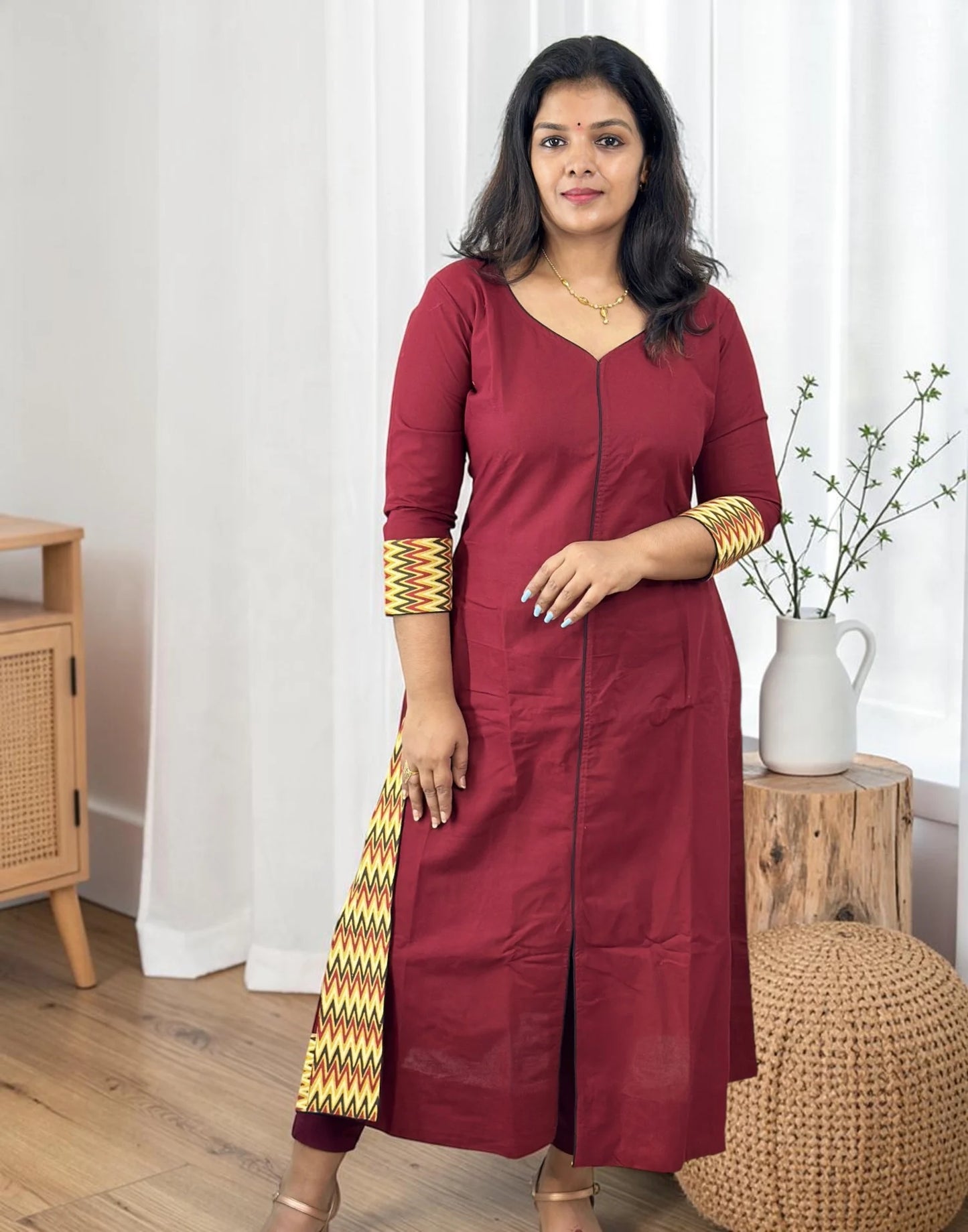 COTTON SLITTED KURTI MAROON 101026SK - ELENTRA DESIGNS BY NIMI HEINS