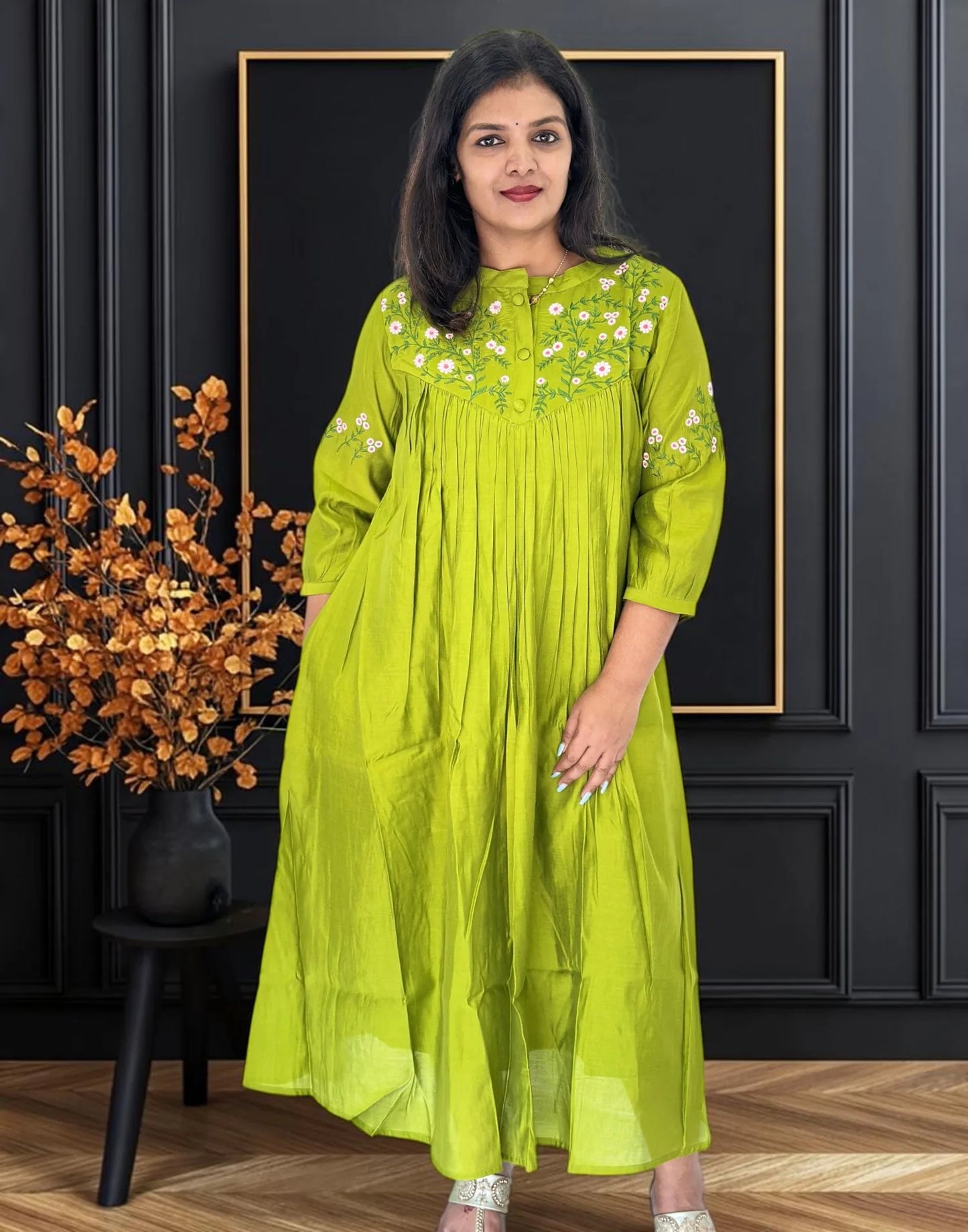 A-LINE EMBROIDERY KURTI LIME GREEN E7389 121026AK