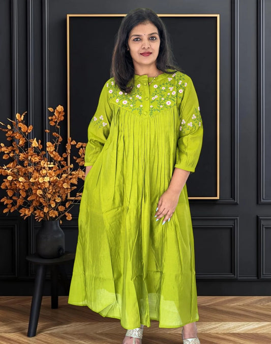 A-LINE EMBROIDERY KURTI LIME GREEN E7389 121026AK