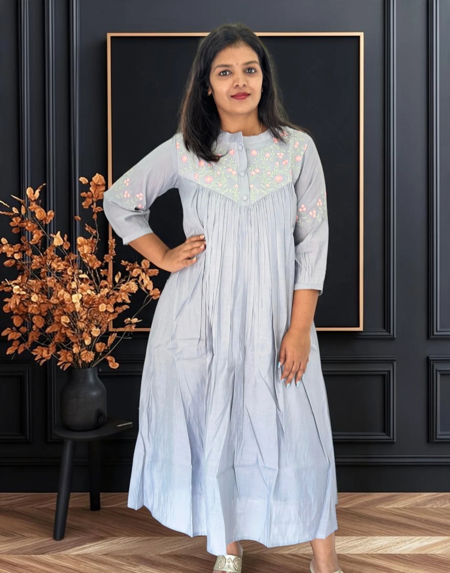 A-LINE EMBROIDERY KURTI CEMENT GRAY E7389 121026AK