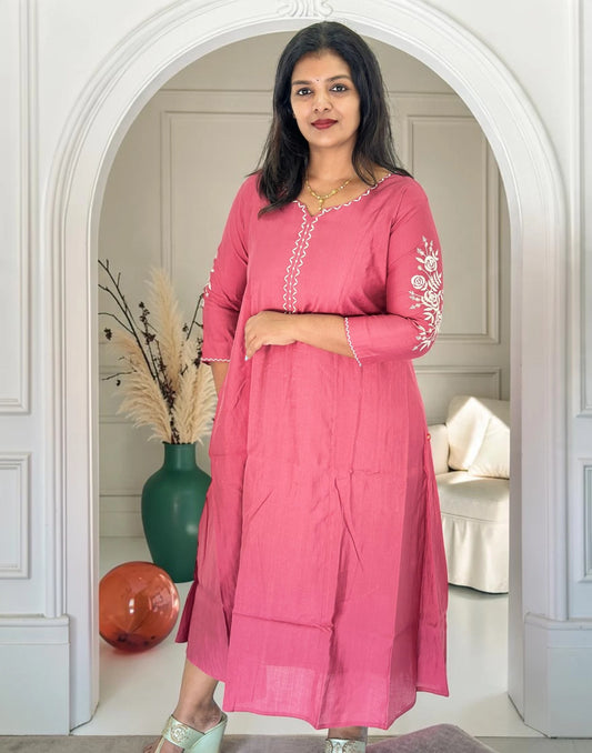 A-LINE EMBROIDERY KURTI PINK MAUVE E7390 101026AK - ELENTRA DESIGNS BY NIMI HEINS