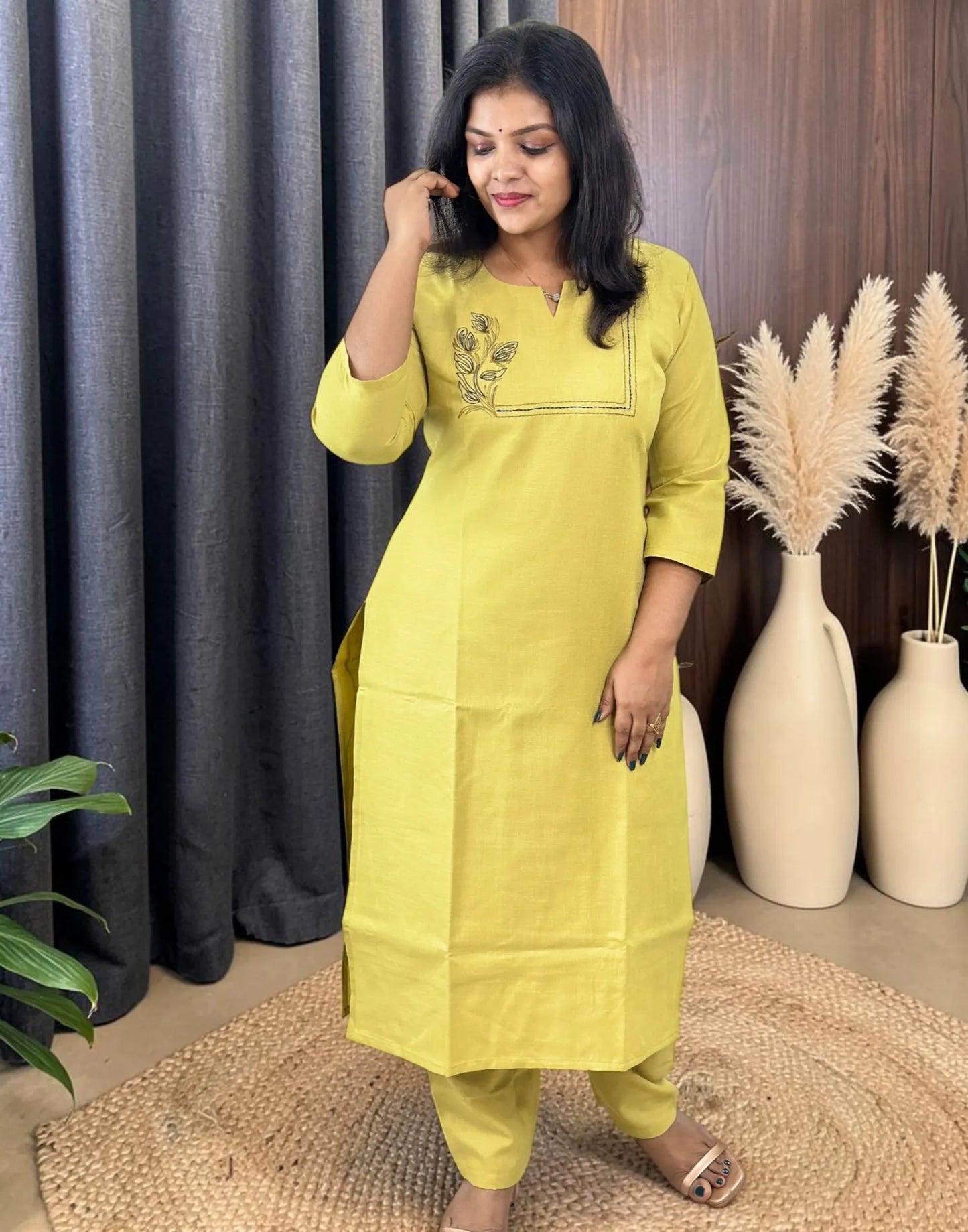 EMBROIDERY CO-ORD SET LEMON GREEN E7345 290926CS - ELENTRA DESIGNS BY NIMI HEINS