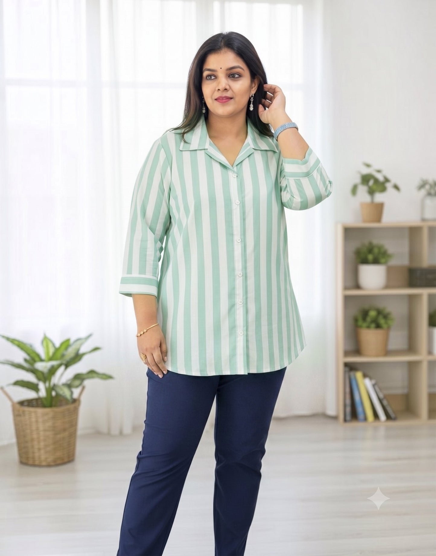 WOMEN STRIPED SHIRT SEA GREEN E6141 300626ST - ELENTRA DESIGNS BY NIMI HEINS