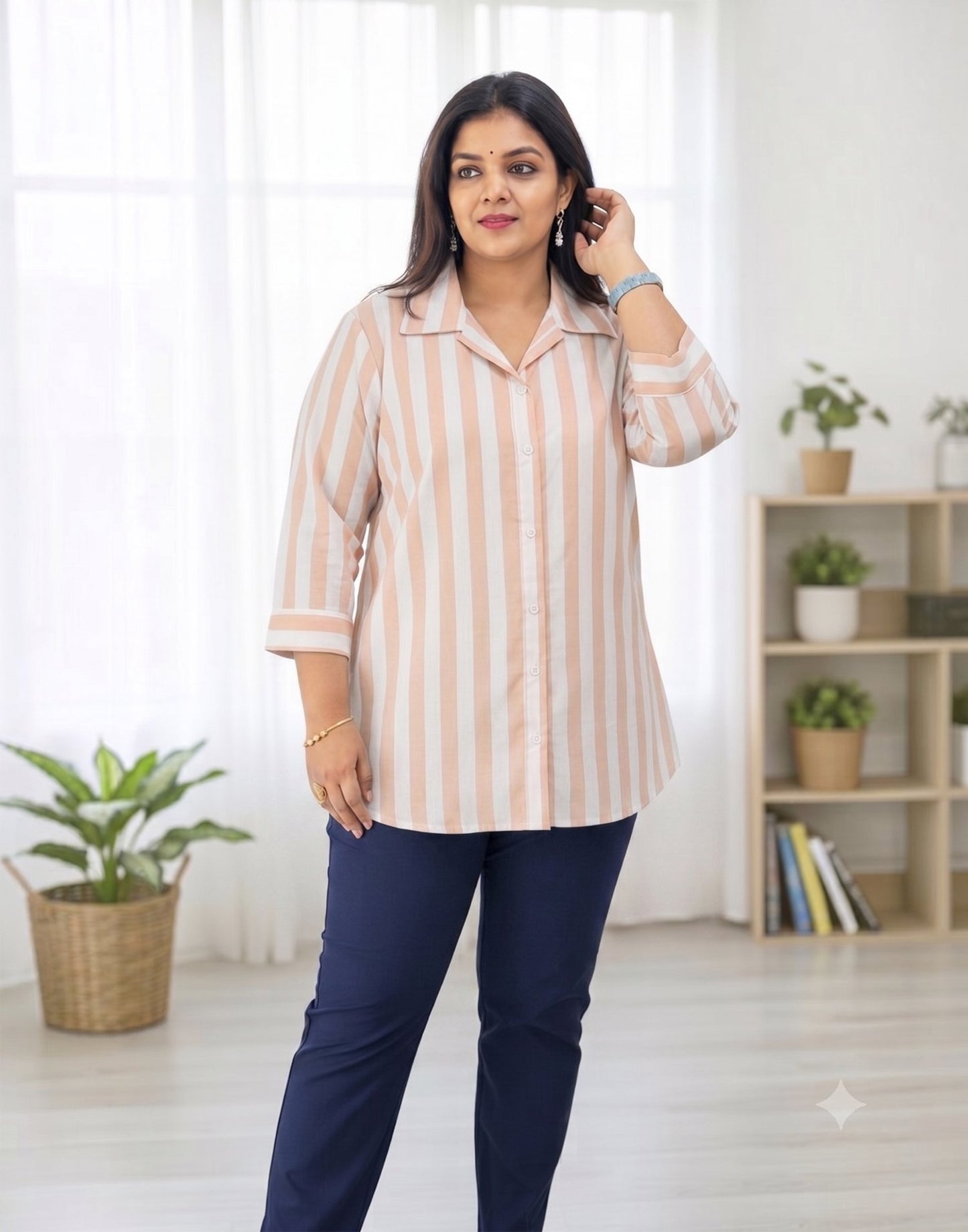 WOMEN STRIPED SHIRT PASTEL PEACH E6141 300626ST - ELENTRA DESIGNS BY NIMI HEINS