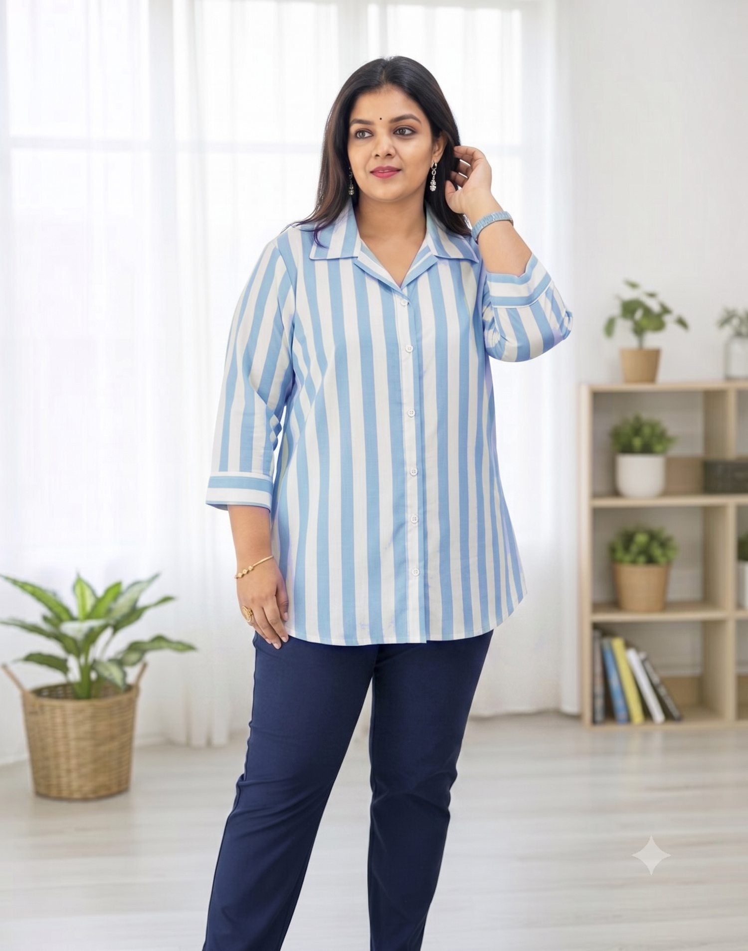 WOMEN STRIPED SHIRT POWDER BLUE E6141 300626ST - ELENTRA DESIGNS BY NIMI HEINS