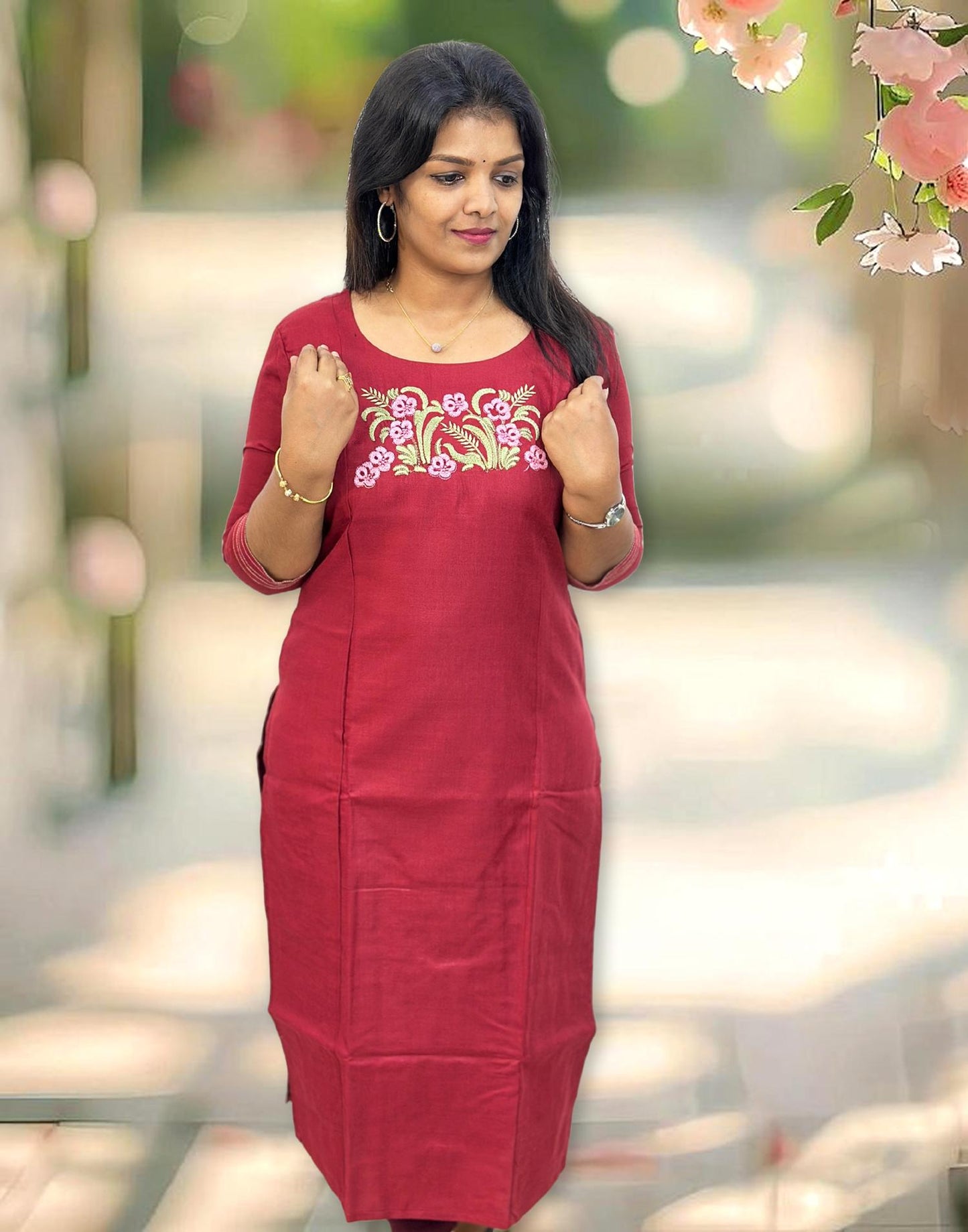 201124C (E4321) BUDGET BUY EMBROIDERY KURTI - Maroon