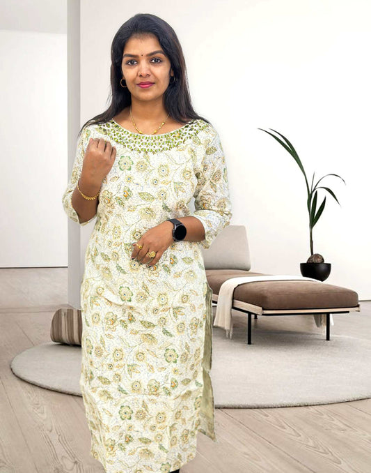 110424A (E3276) PRINTED HANDWORK KURTI - Green