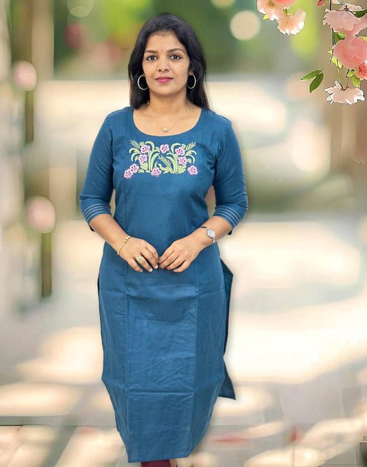 201124C (E4321) BUDGET BUY EMBROIDERY KURTI - Peacock Blue