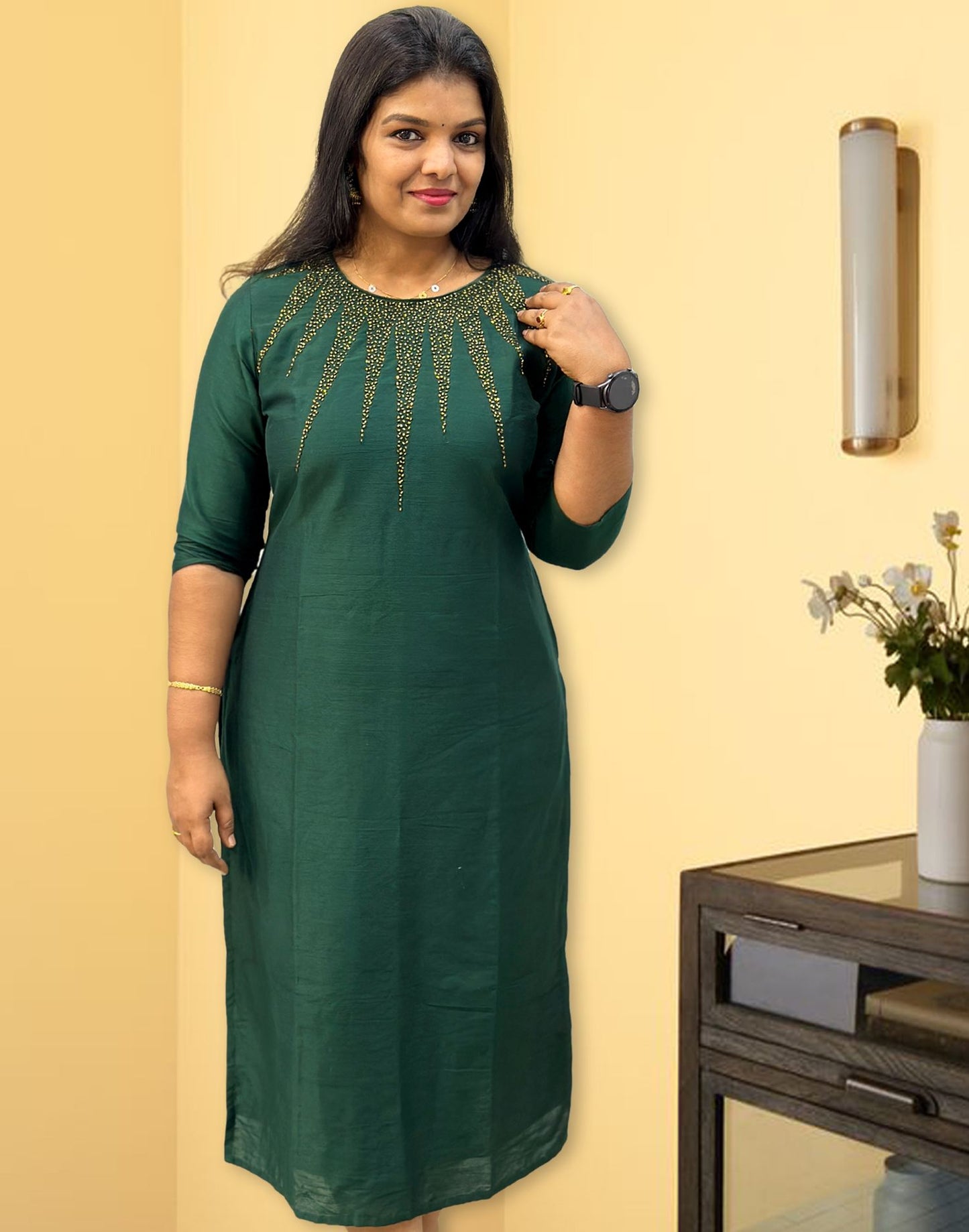 210724A (E2811) OFFER ZONE HANDWORK KURTI - Dark Green