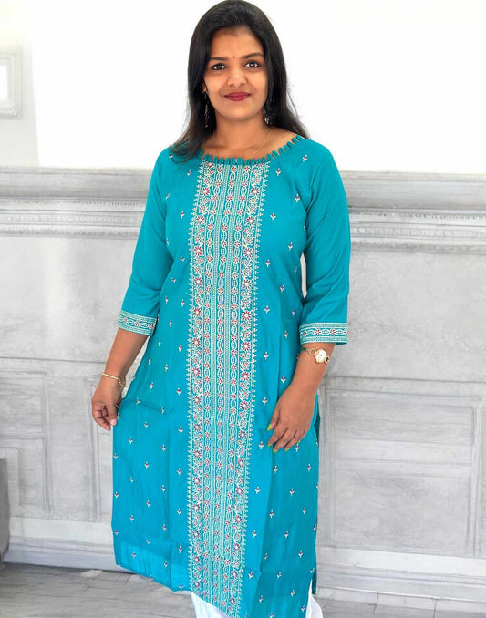 300325T (E5471) DESIGNER EMBROIDERY KURTI - Turquoise Blue