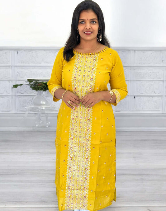 300325T (E5471) DESIGNER EMBROIDERY KURTI - Yellow
