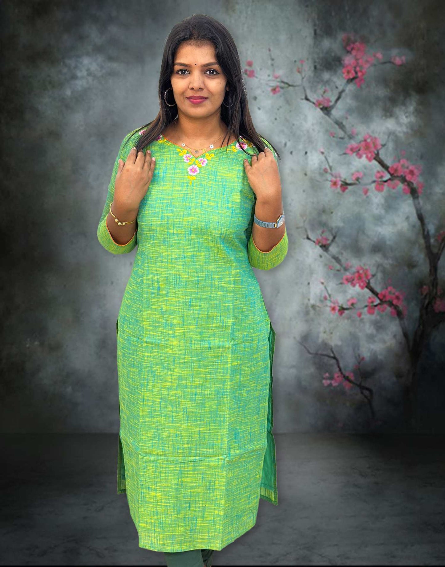 071224C (E4338) COTTON EMBROIDERY KURTI - Green