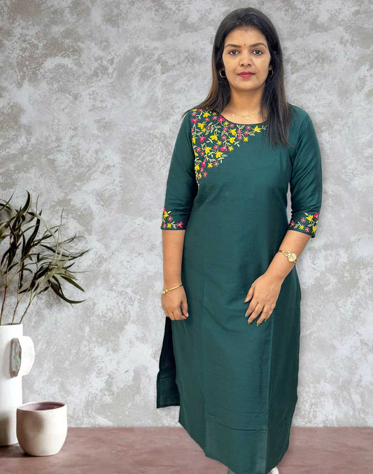 170924B (E4254) EMBROIDERY KURTI - Emerald Green